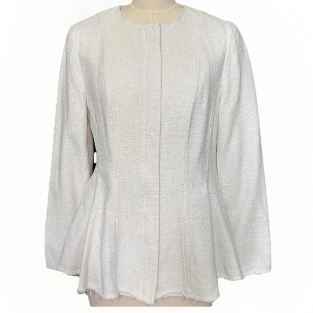 Theory Movement Peplum Zip Up White Canvas Tweed Stretch Jacket Sz 10 Or Large